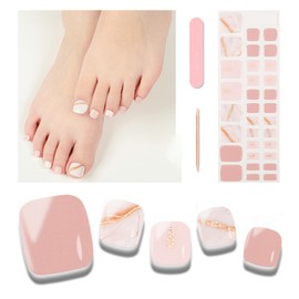Wekcekcek Semi Cured Gel Toenail Strips, 32 Pink Texture Gel Toenail Stickers - Works with Any UV Lamps Pedicure Strips Full Nail Wraps with Nail File & Wood Stick