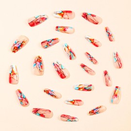 24Pcs Summer Press on Nails Coffin Fake Nails Irregular Colored Glass Geometric Patterns Design Medium Ballet Shaped False Nails Acrylic Stick on Nails Full Cover Glue on Nails for Women
