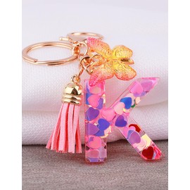 Initial Letter Keychain for Women Gift Cute Butterfly Tassel Resin Keychain Wallet Car Backpack Handbag Charm Accessories