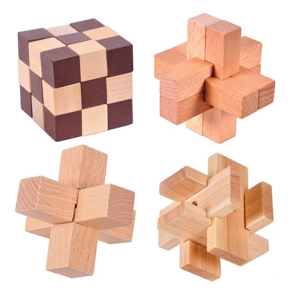 Holzsammlung Brain Teaser Puzzle, Wooden Puzzle Set IQ Test Mind Game Toys, Set of 4 Logic Geometric Jigsaw 3D Puzzle Educational Skill Building Blocks Intelligence Challenging Puzzles for Kids Adults