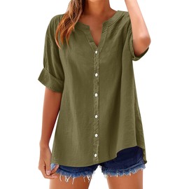 LOMON 3/4 Sleeve T Shirts for Women Button Down Cotton Shirts Linen Short Sleeve Tops Muslin V Neck Casual Loose Blouse Army Green L