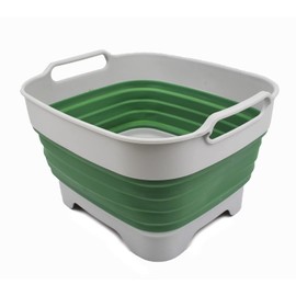 SAMMART 9L Collapsible Dishpan with Draining Plug - Foldable Washing Basin - Portable Dish Washing Tub - Space Saving Kitchen Storage Tray (Grey/Dark Sea Green, 1)