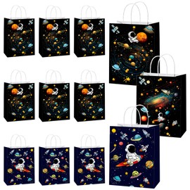 Pineraap 24Pcs Outer Space Party Favor Gift Bags with Handles, Planet Galaxy Theme Space Goodie Paper Bags Astronaut Candy Treat Bag for Boys Girls Kids Birthday Party Decor, 8.7x6.3x3.1In