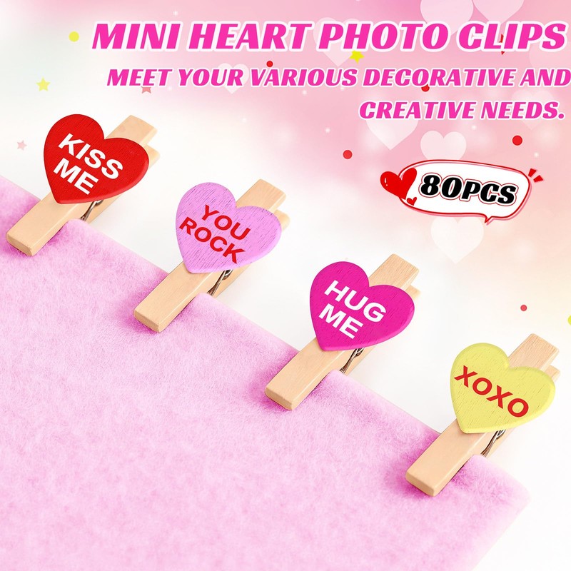 JULBEAR 80Pcs Valentine Wood Clips Conversation Heart Photo Clips