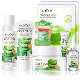 Aloe Vera Skincare Set For Soothing & Hydrating,Include Face Wash- Toner,Aloe Vera Face Serum- Face Cream-Eye Cream-2*Sheet Mask-Lip Balm For Improve Skin Anti Aging Firming (Aloe Vera Set)