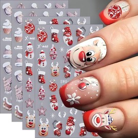 Christmas Nail Art Stickers, Christmas Nail Decals 5D Embossed with Santa Claus Snowflake Elk Deer Snowman Xmas Tree Design 4Pcs Manicure Winter Cartoon Nail Decoration Supplies for Women Girl