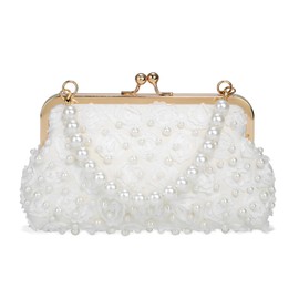 Faletony Pearl Clutch Bag for Women Evening Wedding Party Bridal Handbag Ladies Beaded Clutch Purse for Party White Flower