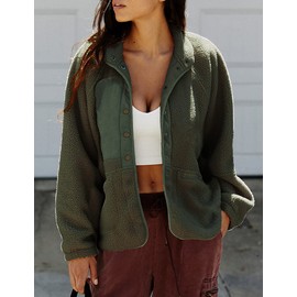 PRETTYGARDEN Women 2024 Fall Winter Fleece Jacket Long Sleeve Casual Button Fuzzy Sherpa Cropped Coats Outerwear with Pockets(Army Green,X-Large)