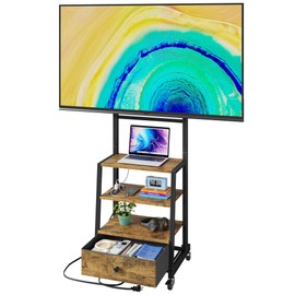 AFLUI Rolling TV Stand with Wheels and Mount & Fabric Drawer for 32-85" TV - Entertainment Center with Power Outlet and Small TV Stand for Bedroom, Living Room - 18" Rustic Brown