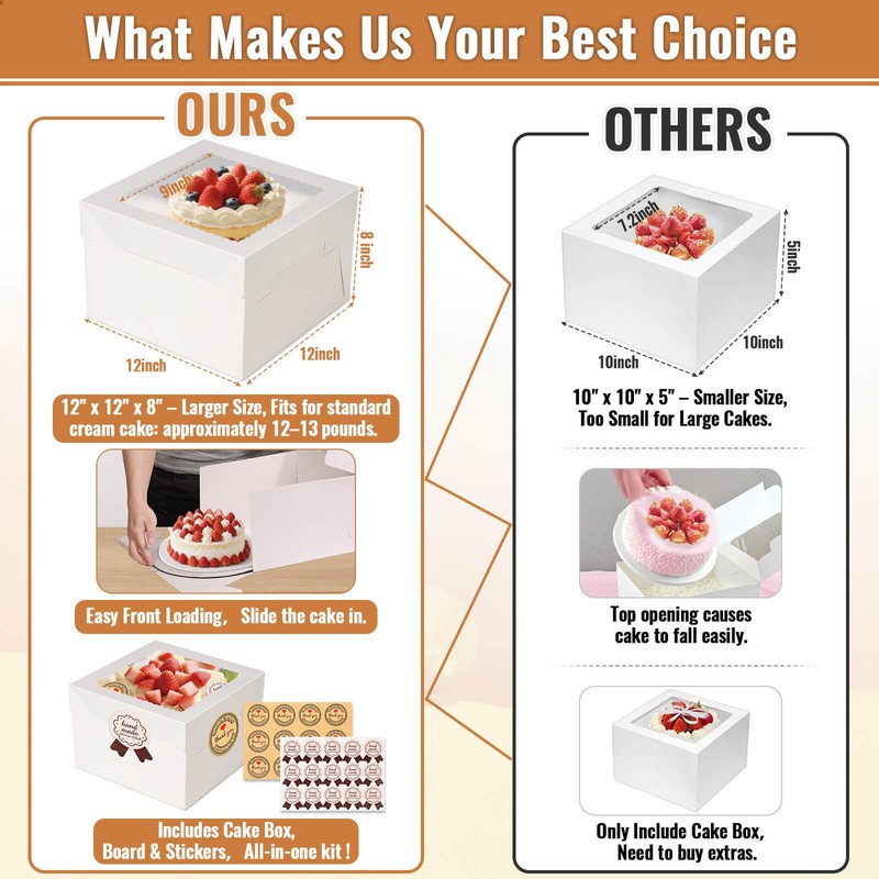 Tetutor 12 Pcs Cake Boxes 12 inch,12x12x8 Inches Cake Box
