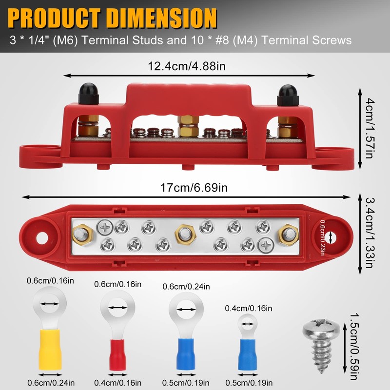 2 Pcs Bus Bar, 12V Power Distribution Block, 3X 1/4"