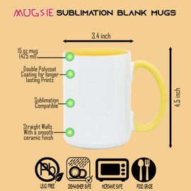 TWISTED ENVY Set Of 8 15 oz. El Grande Sublimation Ceramic Mug Inner/Handle YELLOW Professional Grade Sublimation Mug- Sublimation Series - With Individual White Gift Boxes