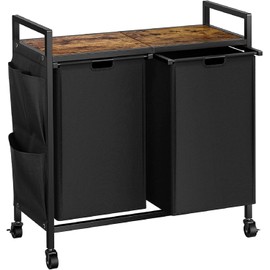 WOWLIVE Double Laundry Hamper with Lid,Rolling Laundry Basket Organizer with Wheels, Iron-Made Laundry Sorter with Top Shelf and 2 Removable Bags,Large Laundry Storage for Room,Black 1