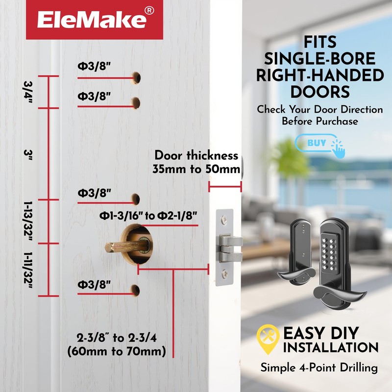 Elemake Keyless Door Lock with Keypad, Right Handed Mechanical Door