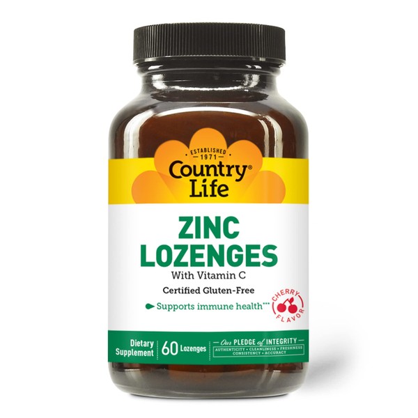 Country Life Zinc Lozenges with Vitamin C, Supports Immune Health, Cherry Flavor, 60 Lozenges, Certified Gluten Free, Certified Vegan, Certified Halal