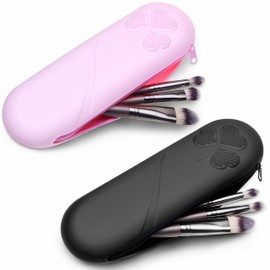 2x Porta Brochas de Maquillaje Grande - Organizador de Brochas de Viaje de Silicona con Cremallera - Estuche de Cosméticos para Brochas de Rostro Pequeñas y Grandes - Negro y Rosa