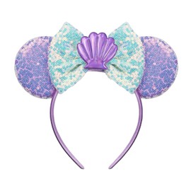 JIAHANG Mermaid Mouse Ears Headband with Sequin Bow, Seashell Hair Band Party Decoration Headwear for Women Girls