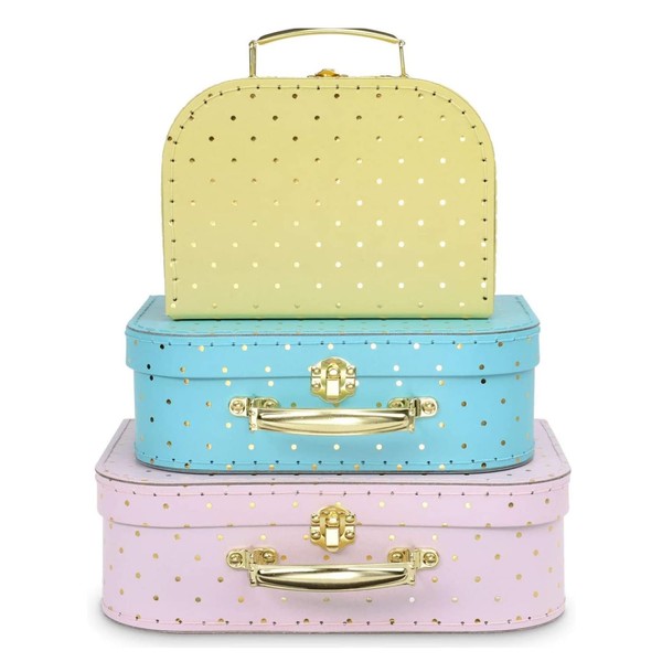 Jewelkeeper Paperboard Vintage Suitcase - Set of 3 Decorative Vintage Luggage - Storage Cardboard Suitcase - Mini Luggage Gift Box for Birthday or Wedding - Gold Foil Polka Dots