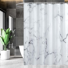 BLESFOREVER Grey White Marble Shower Curtain Set with 12 Hooks, Abstract Modern Luxury Gray White Marble Shower Curtains for Bathroom, Waterproof Fabric, 72" W X 72" L
