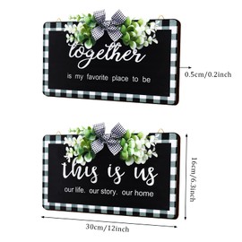 2 Pcs Buffalo Plaid Wooden Sign Wall Decor 6.3x12 Inch Rustic Buffalo Plaid Signs Black and White Vintage Farmhouse Decor for Home Dining Room Restaurant (This is Us Our Life Our Story/ Together)