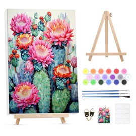 Paint by Numbers Kit for Adults Beginners with Framed Canvas&Wooden Easel, DIY Acrylic Paint by Numbers Kits for Adults, Landscapes Cactus Flower Arts and Crafts for Home Wall Decor, 12x16inch