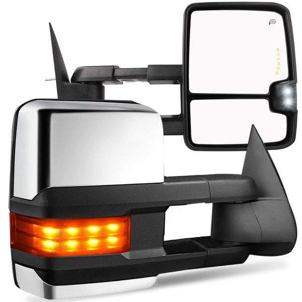 AUTOSAVER88 Towing Mirrors Compatible with 2003-2007 Chevy Silverado GMC Sierra 1500 2500 3500 Tahoe Suburban Avalanche Yukon Power Heated LED Signal Side View Mirror Pair Chrome