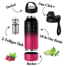Sports Bottle with Fruit Container, 1 Litre (950 ml), Stainless Steel Thermos Flask, Insulated Flask Coffee/Tea, Thermos Flask with Cup, Insulated Jug with Tea Strainer for Loose Tea (Pink/Black)