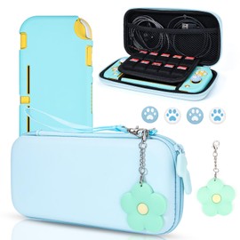 DLseego Switch Case Set Carrying Case with 10 Slots Cute Protective Dockable Hard Shell with 4PCS Glitter Cat Paw Thumb Grips Caps and 1PC Flower Blossom Chain for Switch Lite 2019 (Blue)