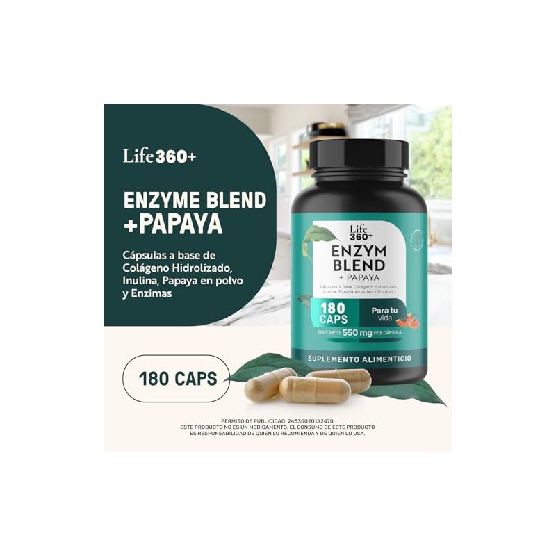Life 360 Enzimas Digestivas Papaya 180 Cápsulas 1100mg Por Porción