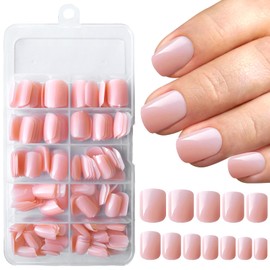 Bellelfin 240pcs Short Press on Nails Peach Pink Full Cover Short Square Glossy Fake Nails Acrylic Artificial False Nail Tips with 5 Sheets Adhesive Glue Tabs for Women and Girls