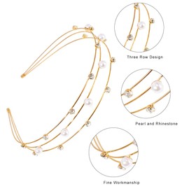 scicent Three Layer Hairband White Faux Pearl Headband Sparkly Diamond Head Bands Gold Metal Hair Bands Bridal Hair Hoop Party Wedding Hair Accessories for Women - 23629