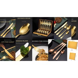 chandler 24 Pieces Cutlery Set Shiny Golden Stainless Steel 410 18/0 0% Nickel Golden Wood Bag Dinner Spoons Dinner Knives Dinner Forks Tea Spoons