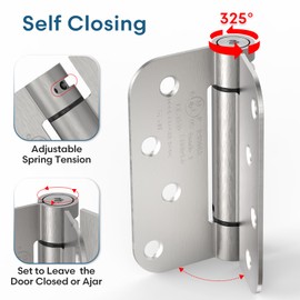 Treasem 4 Pack Self Closing Door Hinges, 4 Inch Spring Loaded Door Hinges, Adjustable Tension with 5/8'' Radius Corners, for Front, Back Doors, Left and Right Hand, UL Listed, Satin Nickel