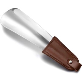 Timotech Juego de calzadores de acero inoxidable con correa de cuero, calzadores de zapatos, aptos para todo tipo de calzado, botas, tenis, accesorios con mango de cuero y rígidos, ideal para viaje (Cafe (1 unidad))