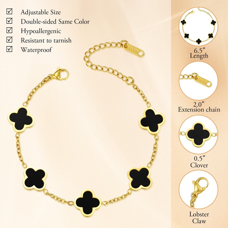 URSUNDAOP Gold Four Leaf Clover Bracelet for Women, Lucky Bracelet,Black