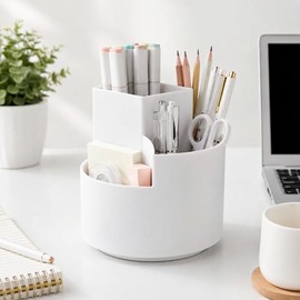 Rotating Pen Holder for Desk Organization - 3-Compartment Storage for Stationery, Makeup Brushes & Office Supplies
