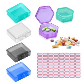 4 Square Mini Pill Boxes, 2 Hexagonal Pill Boxes, 1 Label Sticker, Waterproof and Moisture-proof, Portable Pill Box for Travel, Business Trip, Sports (5 Colors)