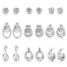 Chunky Gold Earrings for Women 9 Pairs 14K Gold Plated Knot Earrings Trendy Statement Drop Dangle Stud Earring Set Teardrop Lightweight Hypoallergenic Fashion Accessories Jewelry Set Gifts for Women (Knot Chunky Earrings Set Silver 1)