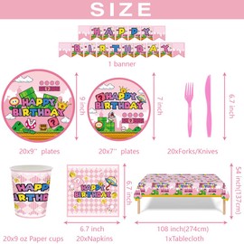 USERTEN 122Pcs Super Bros Peach Party Disposable Tableware Supplies Girls Princess Birthday Table Decoration Kit for 20-Guests Includes Banner, Tableloth, Plates, Cups, Napkins, Forks and Knives