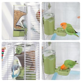 Bird Feeder Water Dispenser Set, Automatic Cage Feeder with Perch for Seed Parakeet Canary Cockatiel Finch Budgies Cage Accessories (Green)