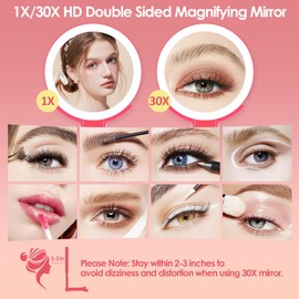 MIYADIVA Magnifying Mirror with Light, Double Sided 30X/1X Lighted Travel Makeup Mirror with Magnification, 3 Color Lighting, Dimmable Touch Screen, Adjustable & Foldable Hand Mirror (Pink)