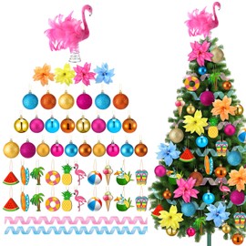 Seenelling 65 Pcs Summer Christmas Tree Ornaments, Tropical Flamingo Decor