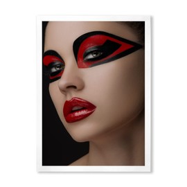 DesignQ Red Lips Black Makeup On The Eyes of Mask Women Modern Framed Wall Art