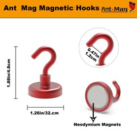 Ant Mag Strong Magnet Hooks for Hanging 80LBS Heavy Duty Neodymium Hooks Used for Home Kitchen Office Workplace Pack of 6