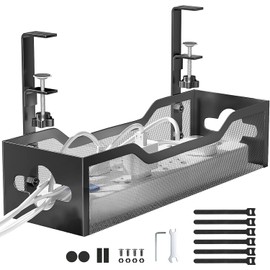 Under Desk Cable Management Tray No Drill,Metal Mesh Cable Tray with Clamp for Desk Wire Management, 2 Hole Cable Tray with Desk Wire Management and Desk Cord Organizer for Office, Home (Black)