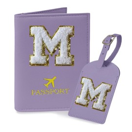 COSHAYSOO Purple Initial Passport Cover Holder and Luggage Tag Set TSA Approved with Alphabet Chenille Letter Patch for Women Teenager Girls, PU Leather Traveling Bag Suitcase Identifier (M)