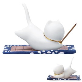Katzen-Räucherstäbchenhalter, Handgemachte Keramik Räucherstäbchen, Schreibtisch-Ornament, Räucherstäbchen Set mit 50-60 Sandelholzstäbchen und Matte für Heimdekoration, Meditation, Teehaus und Yoga