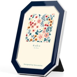 Venusmiles 4x6 Enamel Picture Frame, Octagonal Silver Metal Edge with Easel, High Definition Tempered Glass 4x6 Photo Frame for Wall and Tabletop Display Family Office Photo Gallery, Blue Enamel/1pc