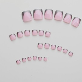 Sliver French Tip Press on Toenails Short Square Fake Toe Nails Summer False Toenails Glossy Acrylic Toe Nails Reusable Full Cover Artificial Toenails for Women 24Pcs