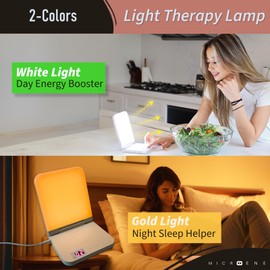 MicroENE Light Therapy Lamp, Daylight Lamp with 2 Color Temperature of White & Gold, Bright 11000 Lux Energy Booster, Warm Sunset 2000K in Bedroom,110-240v Portable Natural Light for Office, Travel